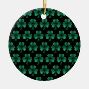 Emerald Green Sparkles Shamrock pattern black Ceramic Tree Decoration