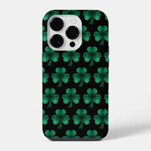 Emerald Green Sparkles Shamrock pattern black iPhone 14 Pro Case