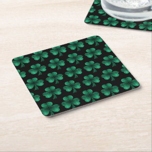 Emerald Green Sparkles Shamrock pattern black Square Paper Coaster