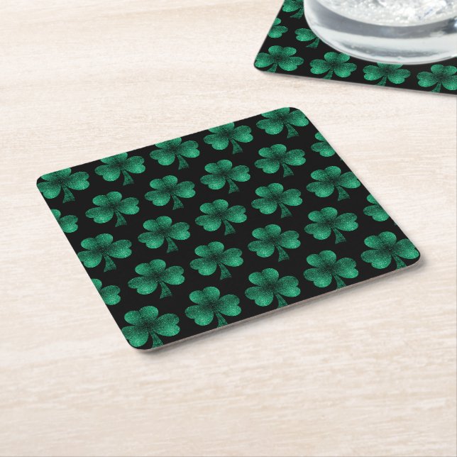 Emerald Green Sparkles Shamrock pattern black Square Paper Coaster (Angled)