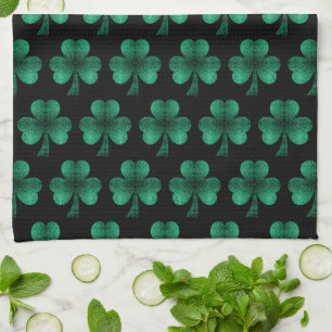 Emerald Green Sparkles Shamrock pattern black Tea Towel