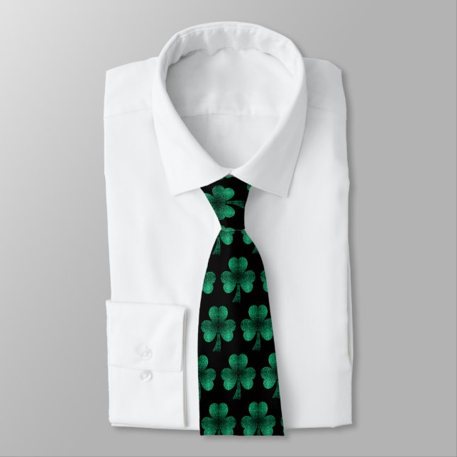 Emerald Green Sparkles Shamrock pattern black Tie (Tied)
