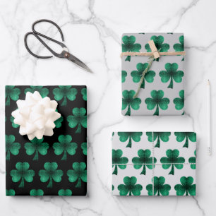 Emerald Green Sparkles Shamrock pattern black Wrapping Paper Sheet