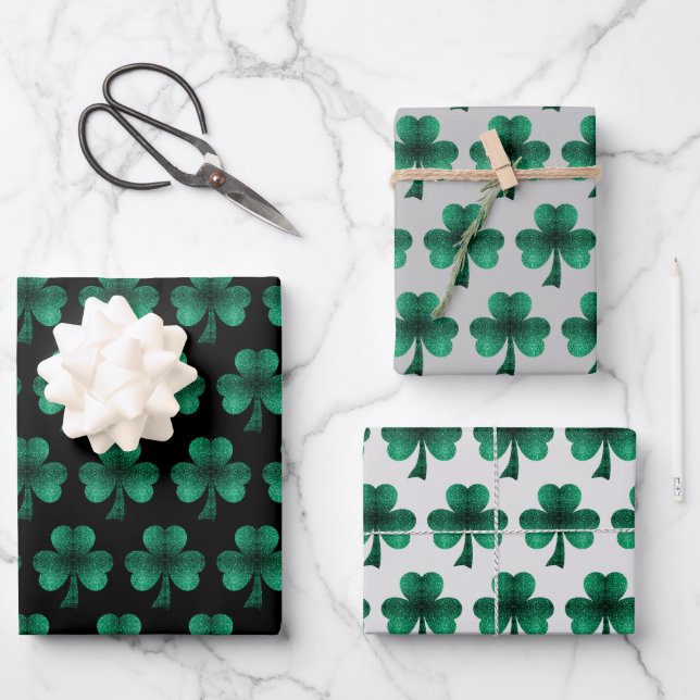 Emerald Green Sparkles Shamrock pattern black Wrapping Paper Sheet (Front)