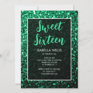 Emerald green sparkles Sweet 16 elegant script Invitation