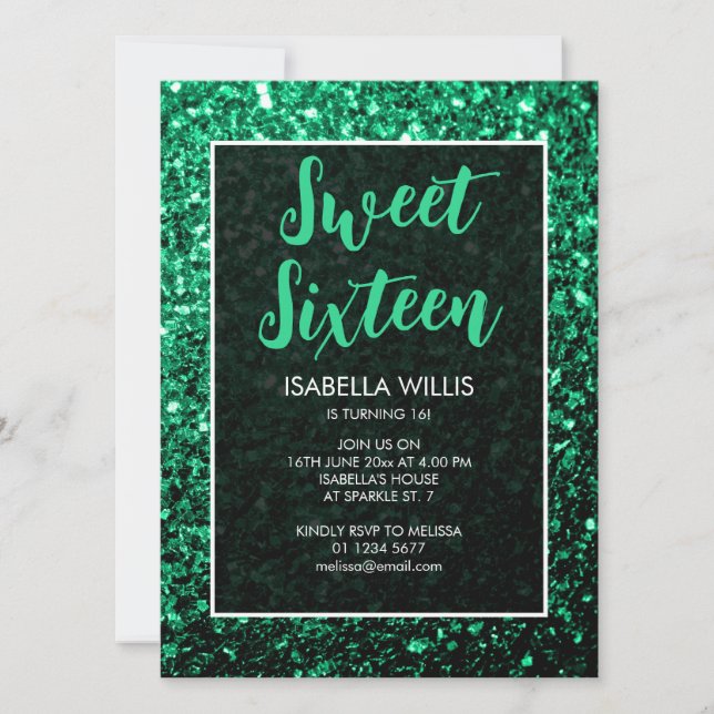 Emerald green sparkles Sweet 16 elegant script Invitation (Front)