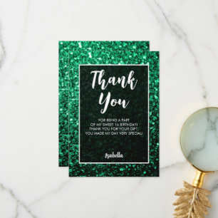 Emerald Green sparkles Sweet 16 elegant script Thank You Card