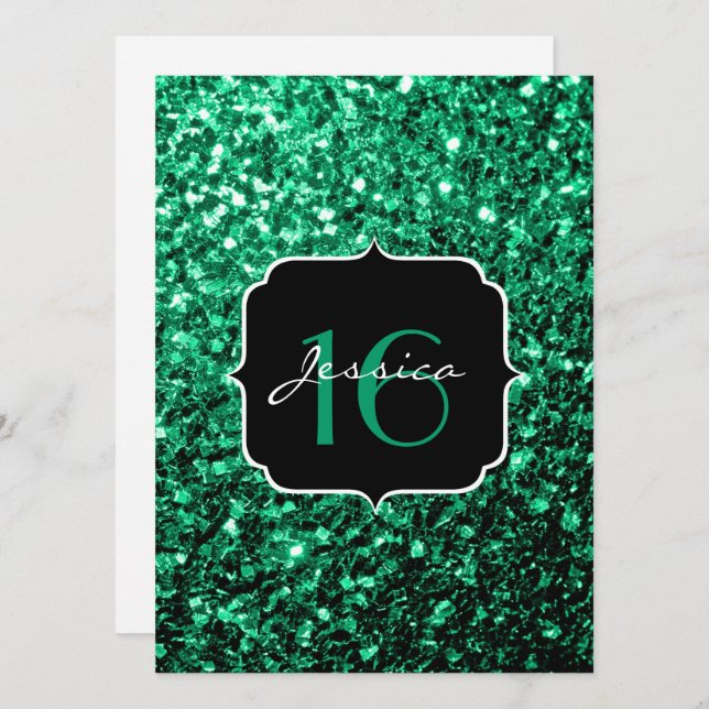 Emerald Green sparkles Sweet 16 Invitation (Front/Back)