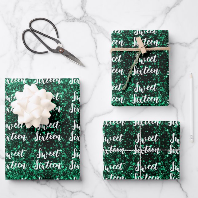 Emerald Green sparkles Sweet 16 script pattern Wrapping Paper Sheet (Front)