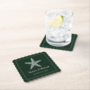 Emerald Green Starfish Wedding Paper Coaster