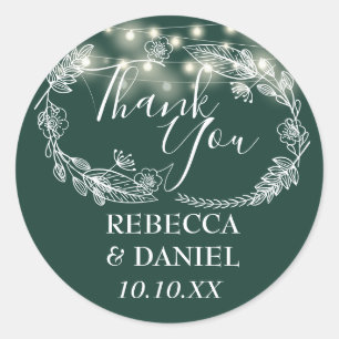 Emerald Green String Lights Floral Thank You Classic Round Sticker