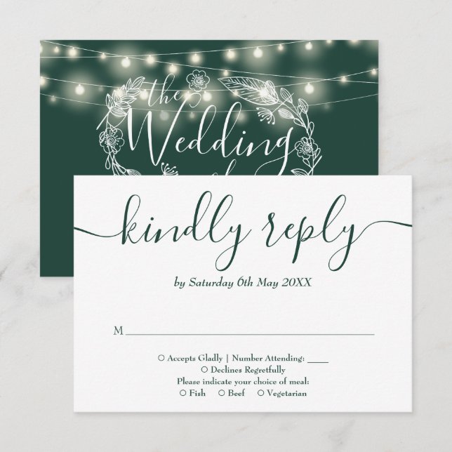 Emerald Green String Lights Floral Wedding RSVP Card (Front/Back)