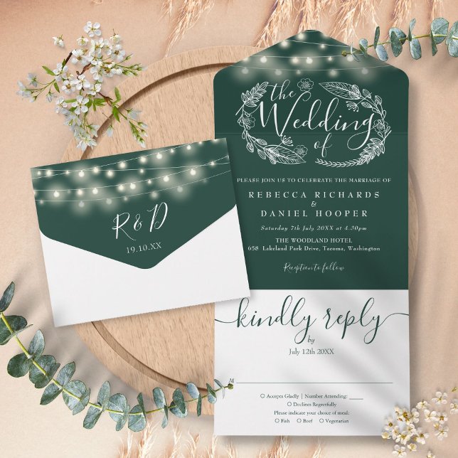 Emerald Green String Lights Foliage Wedding All In One Invitation (Emerald Green String Lights Foliage Wedding All In One Invitation)