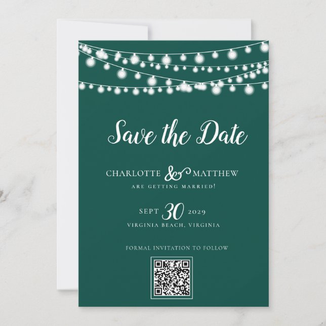 Emerald Green String Lights Modern Script Save the Save The Date (Front)