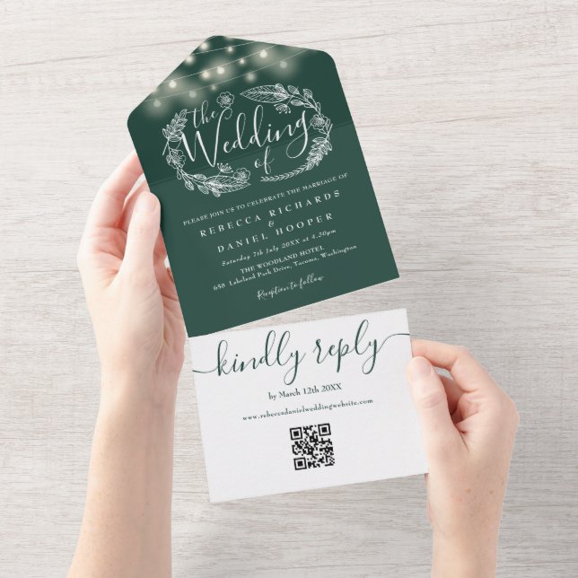 Emerald Green String Lights QR Code Wedding All In One Invitation (Tearaway)