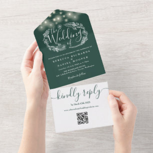 Emerald Green String Lights QR Code Wedding All In One Invitation