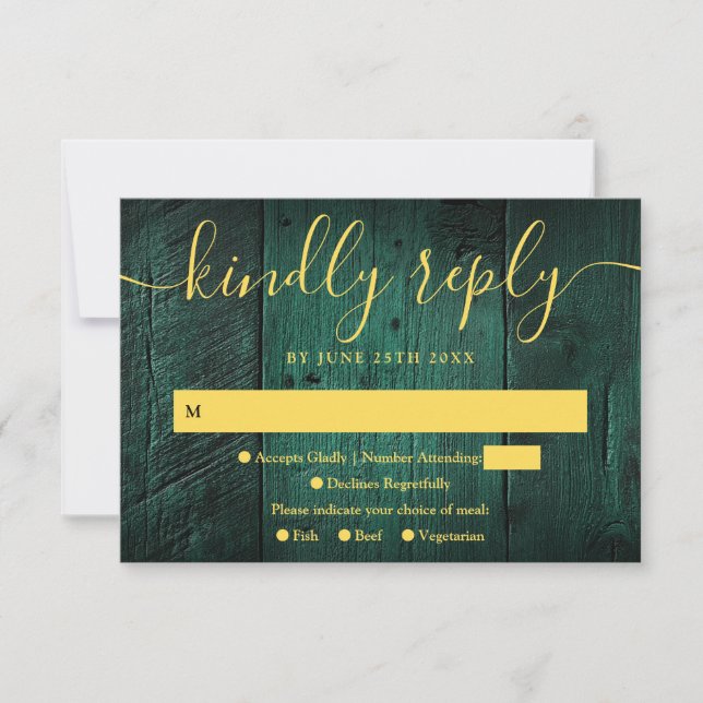 Emerald Green String Lights Rustic Wood Wedding RSVP Card (Front)