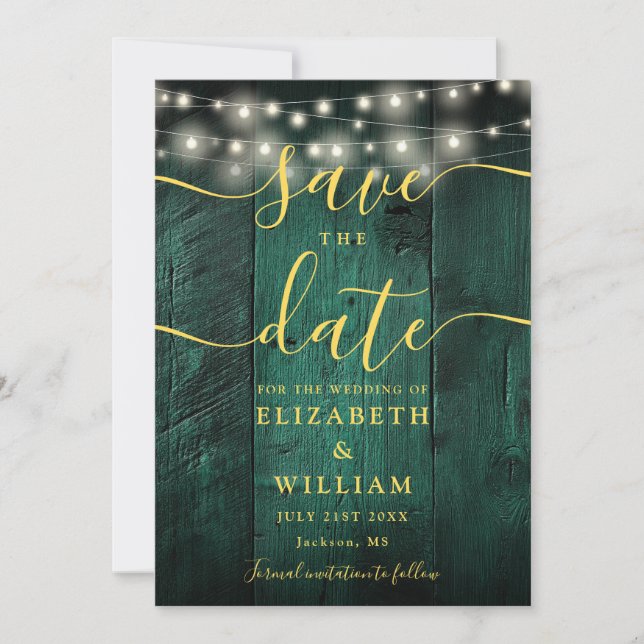 Emerald Green String Lights Rustic Wood Wedding  Save The Date (Front)