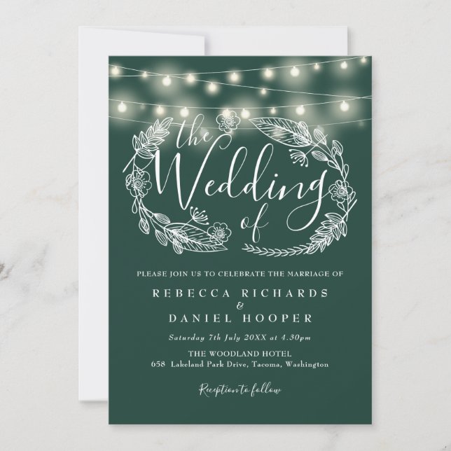 Emerald Green String Lights Script Wedding Invitation (Front)