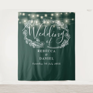 Emerald Green String Lights Wedding Backdrop Tapestry