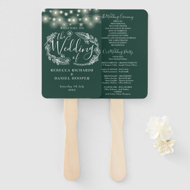 Emerald Green String Lights Wedding Program Hand Fan (Front and Back)