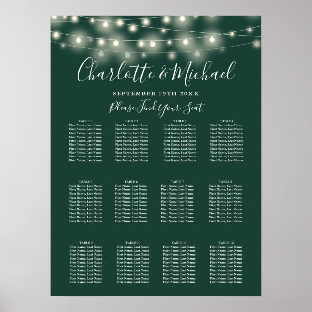 Emerald Green String Lights Wedding Seating Chart (Front)
