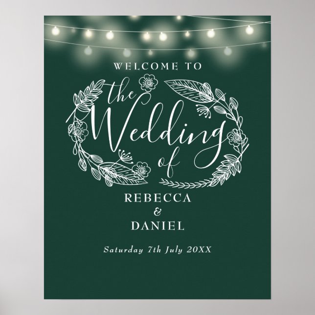 Emerald Green String Lights Wedding Welcome Sign (Front)