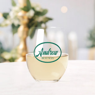 Emerald Green Stylised Name Wedding Best Man Stemless Wine Glass