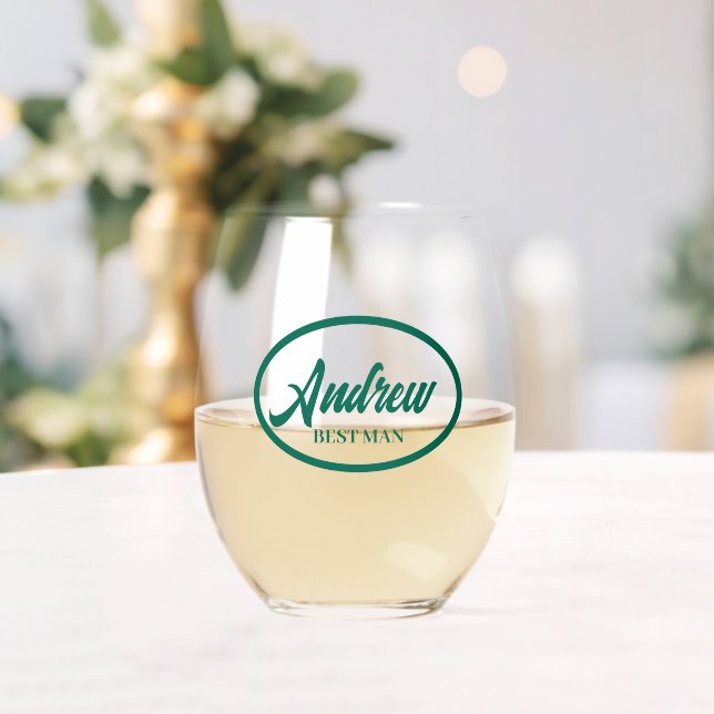 Emerald Green Stylised Name Wedding Best Man Stemless Wine Glass (Insitu (Wedding))