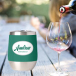 Emerald Green Stylised Wedding Groomsman Name<br><div class="desc">Gift your wedding groomsman with this trendy and personalised, stainless steel wine tumbler with his name in stylised script inside a white, oval design. Background colour and script is an emerald green. Personalise your wine tumbler by editing and replacing name with desired name. Available in many, popular wedding colour schemes....</div>