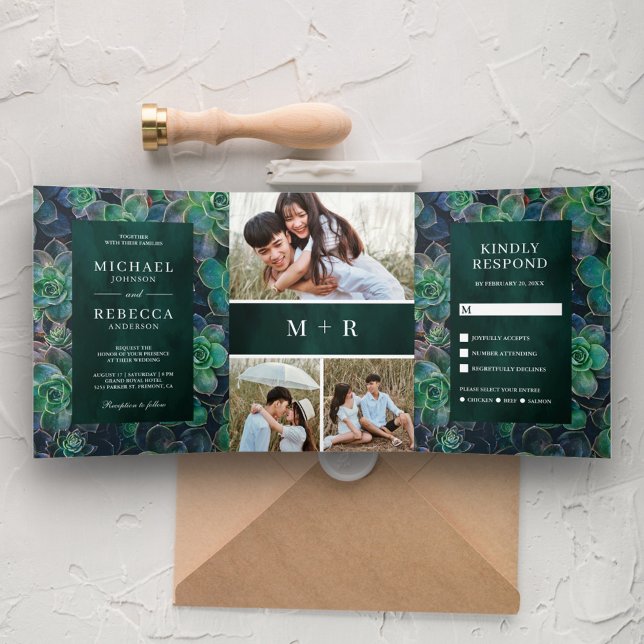 Emerald Green Succulents Photo Collage Wedding Tri-Fold Invitation (Creator Uploaded)