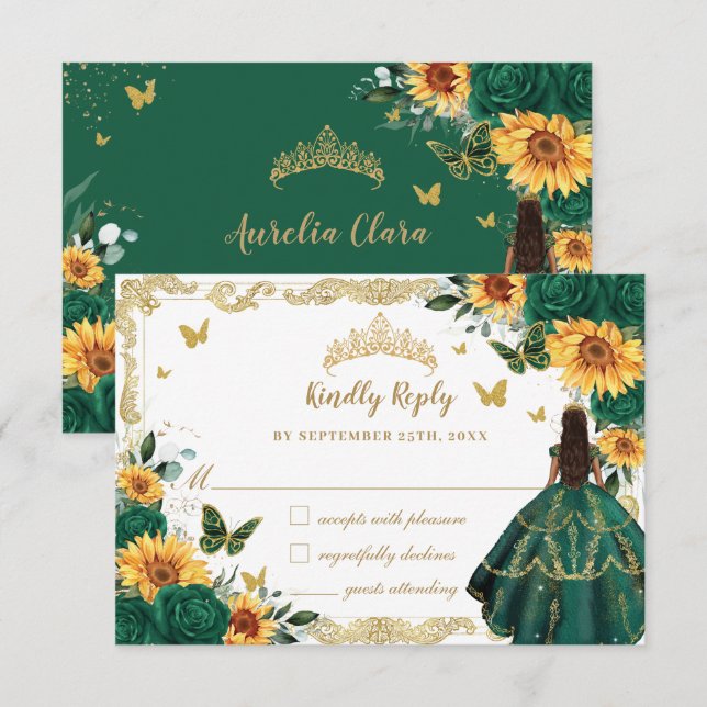 Emerald Green Sunflower Floral Quinceañera Dress RSVP Card (Front/Back)