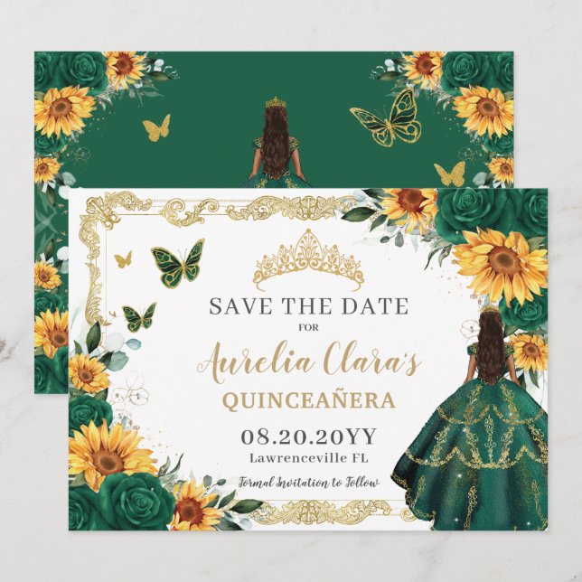 Emerald Green Sunflowers Floral Gold Quinceañera Save The Date (Front/Back)
