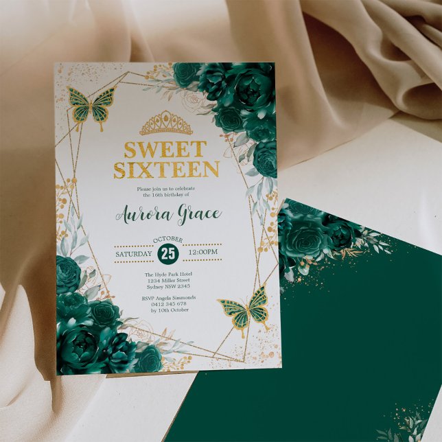 Emerald Green Sweet 16 Butterflies Geometric Party Invitation (Creator Uploaded)