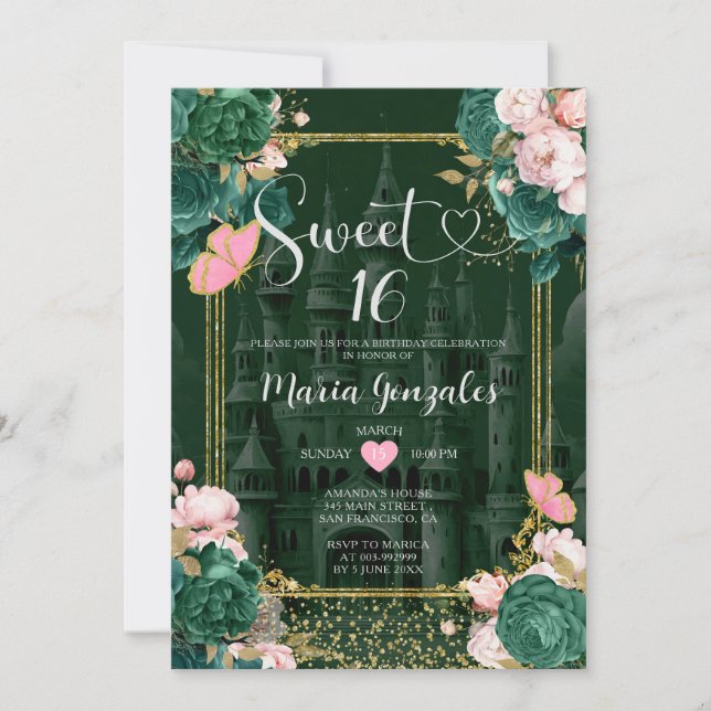 Emerald Green Sweet 16 Girl Floral Birthday Party  Invitation (Front)