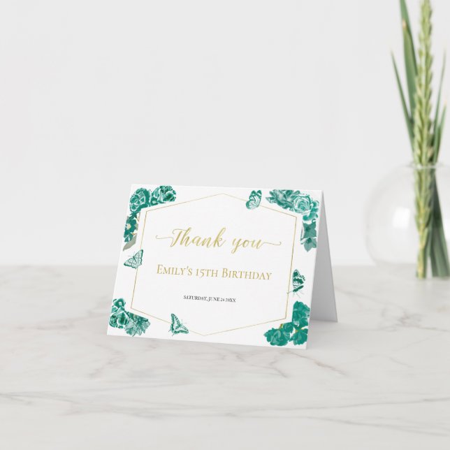 Emerald Green Sweet 16 Quinceanera Bat Mitzvah Thank You Card (Front)