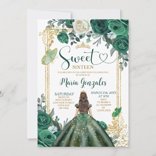 Emerald Green Sweet Sixteen Gold Crown Birthday Invitation (Front)