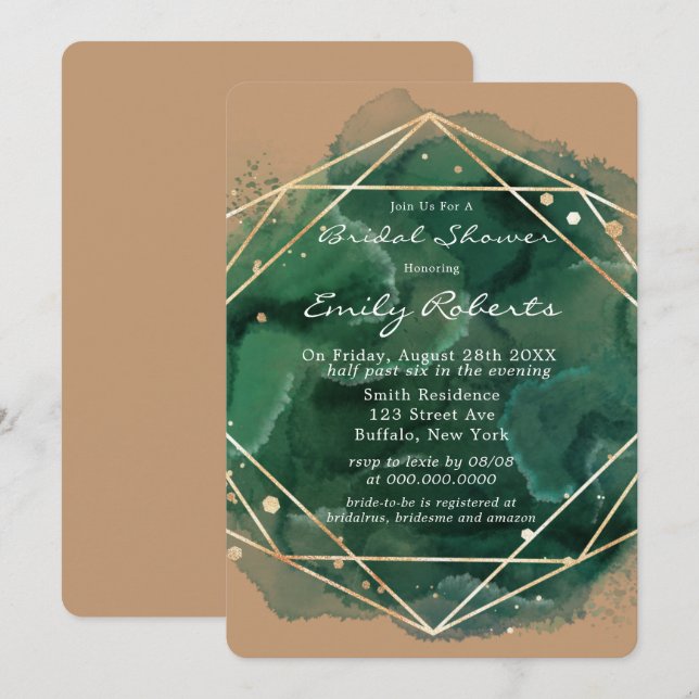 Emerald Green Tan Gold Watercolor Bridal Shower  Invitation (Front/Back)