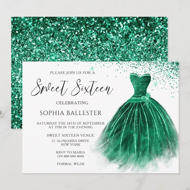 Emerald Green Teal Glitter Gown Sweet 16 Party Invitation (Front/Back)