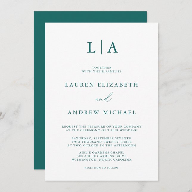 Emerald Green Teal Monogram Minimalist Wedding Inv Invitation (Front/Back)