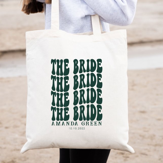 Emerald Green Trendy Boho Retro Personalised Bride Tote Bag (Creator Uploaded)