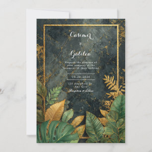 Emerald Green Tropical Black Marble Modern Wedding Invitation