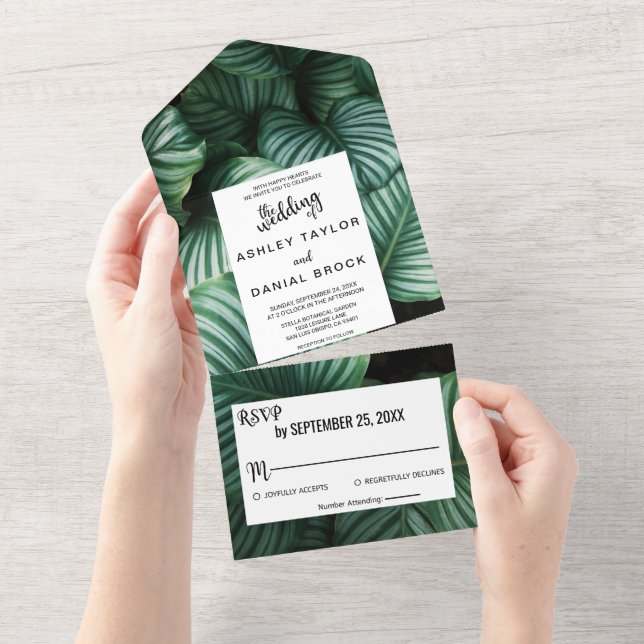 Emerald green tropical chic floral Wedding All In  One Invitation (Tearaway)
