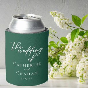Emerald Green Typography Custom Forest Wedding Can Cooler