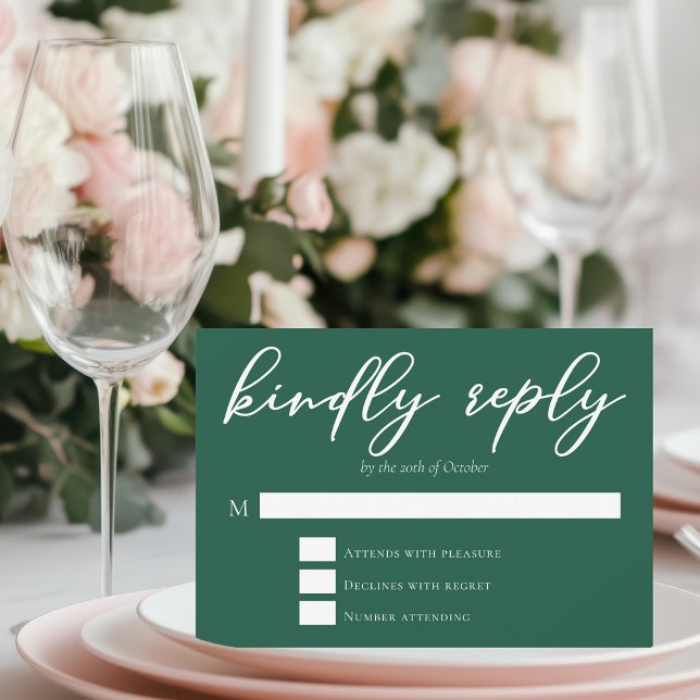 Emerald Green Typography Wedding Kindly Reply RSVP Card (Creator Uploaded)