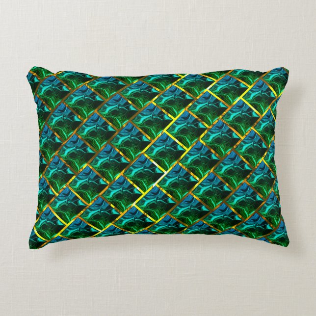Emerald green under a grid with a metallic tone  decorative cushion (Front)