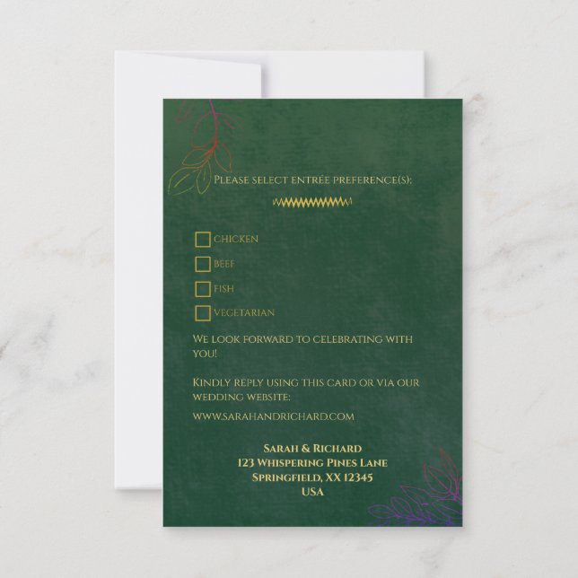 Emerald Green Velvet Luxe Gold Accent Wedding RSVP Card (Back)