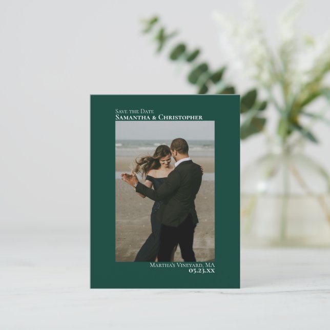 Emerald Green Vertical Photo Minimalist Wedding Save The Date (Standing Front)