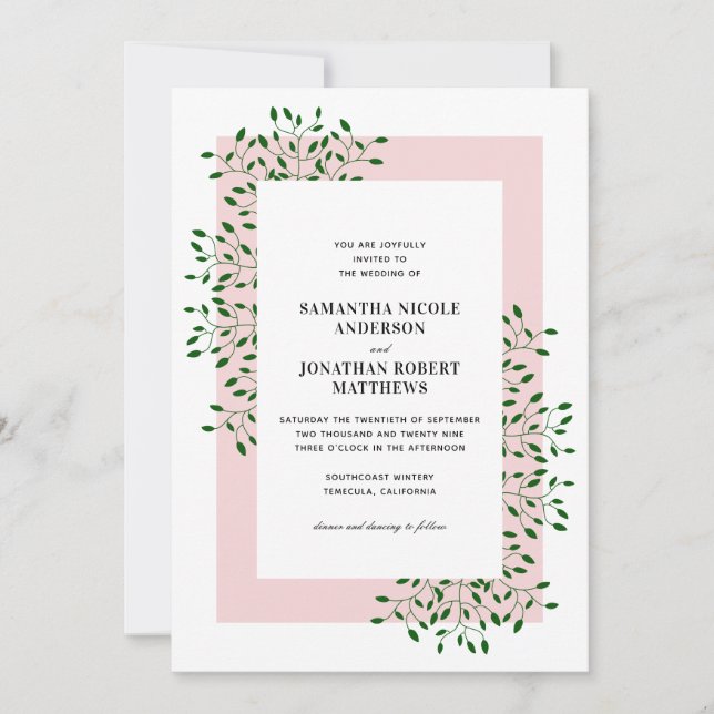 Emerald Green Vines and Light Pink Elegant Wedding Invitation (Front)