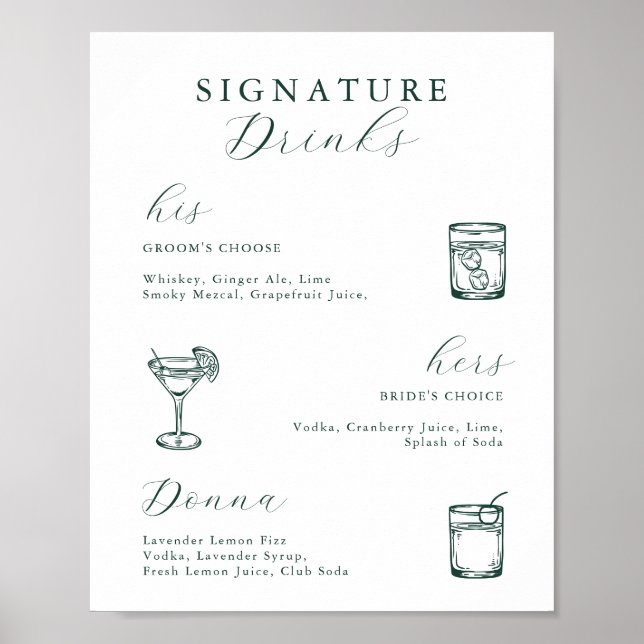 Emerald Green Vintage Botanical Signature Drinks Poster (Front)